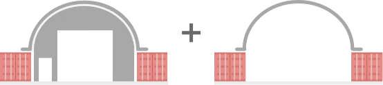 Tato varianta kontejnerových stanů se vyznačuje čelem opatřeným překrytím s velkou bránou a malým vchodem vedle ní. Zadní strana stanu nemá plachtu.