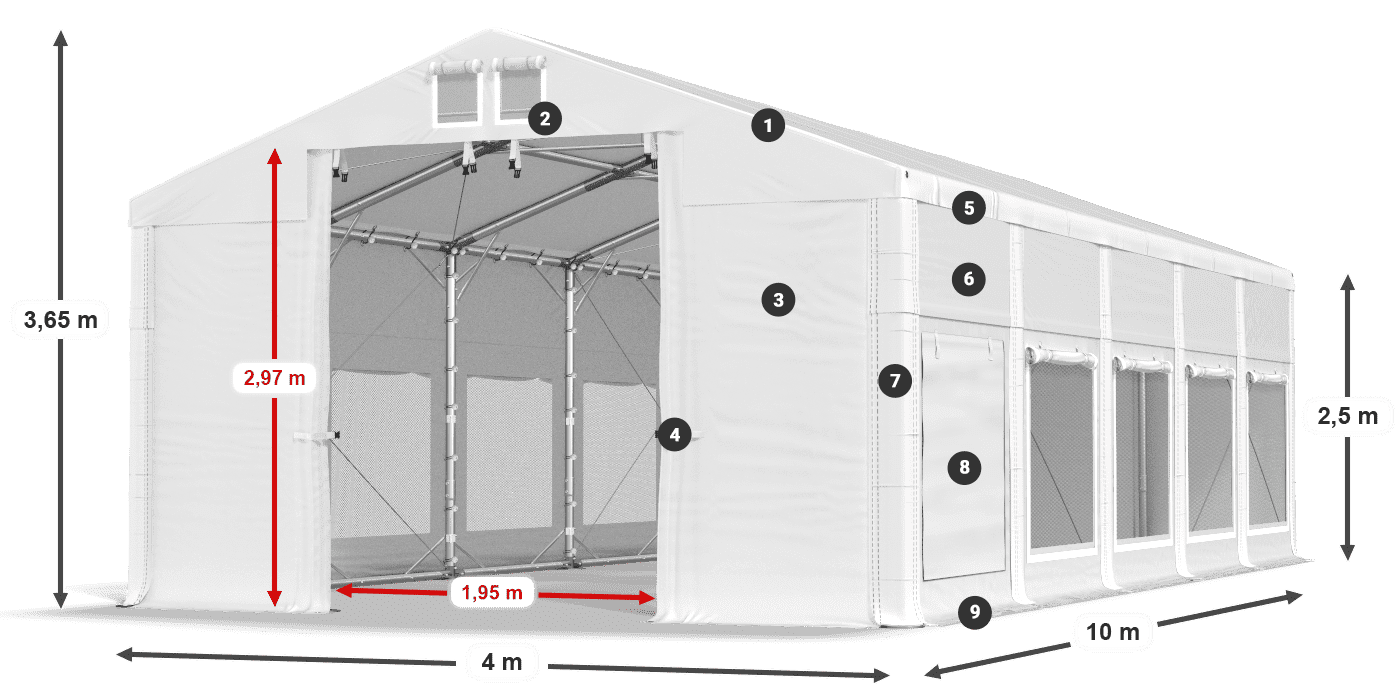 Střecha: MS 580 PVC Stěny: SD M 500 PVC 2,5 m legenda