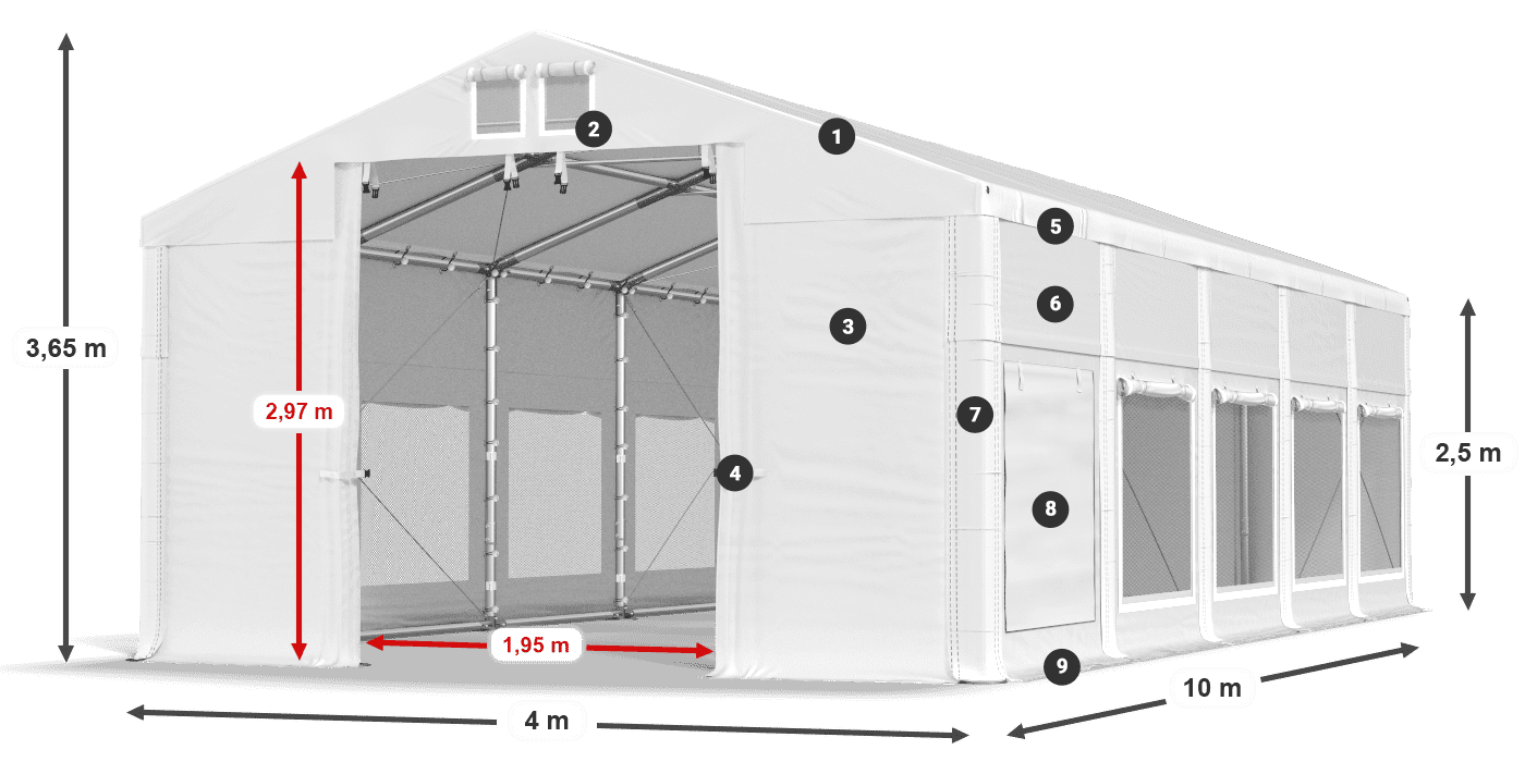 Střecha: MS 580 PVC Stěny: SD M 500 PVC 2,5 m legenda