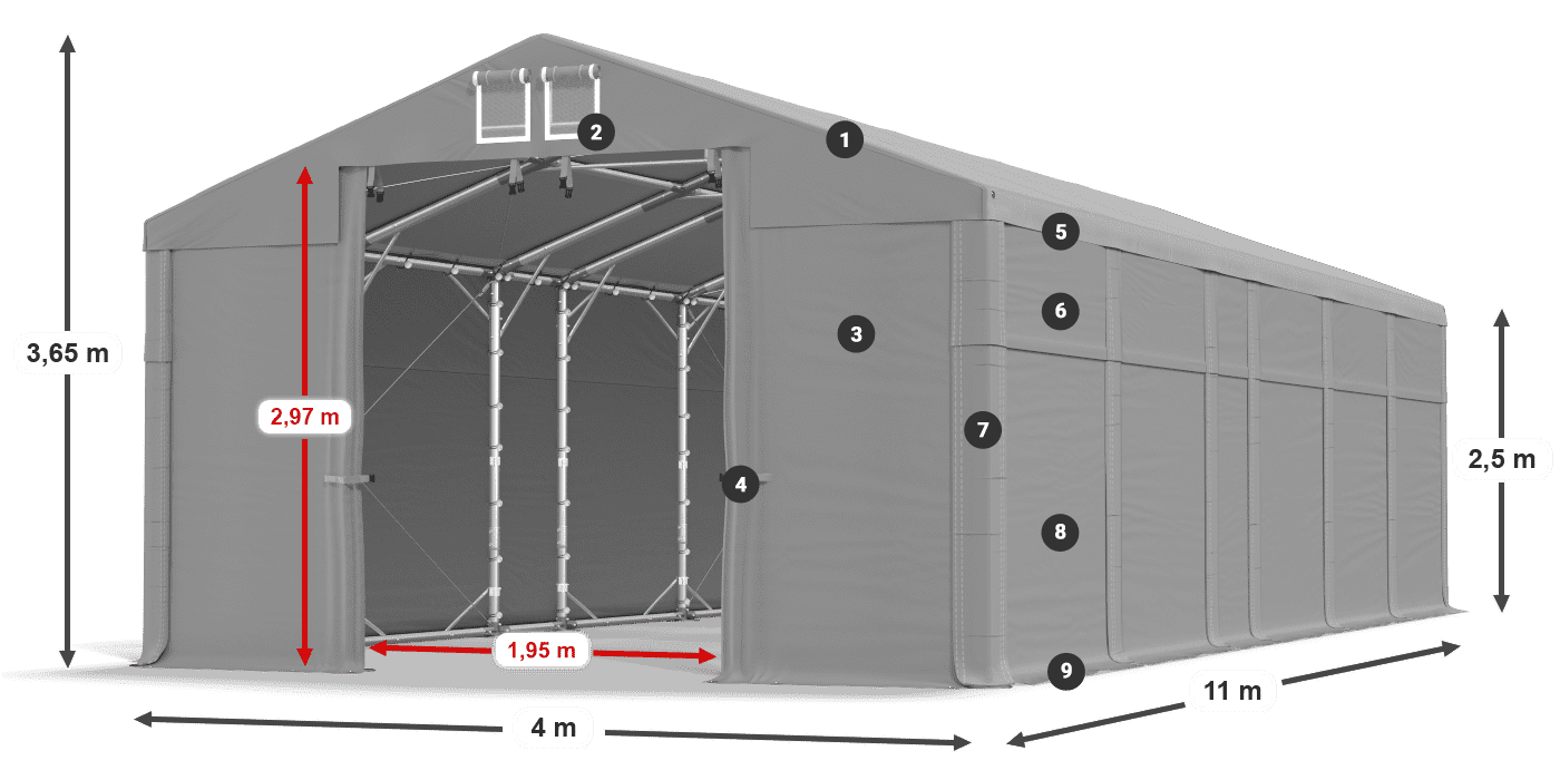 Střecha: FR 620 PVC Stěny: SD 500 PVC 2,5 m legenda