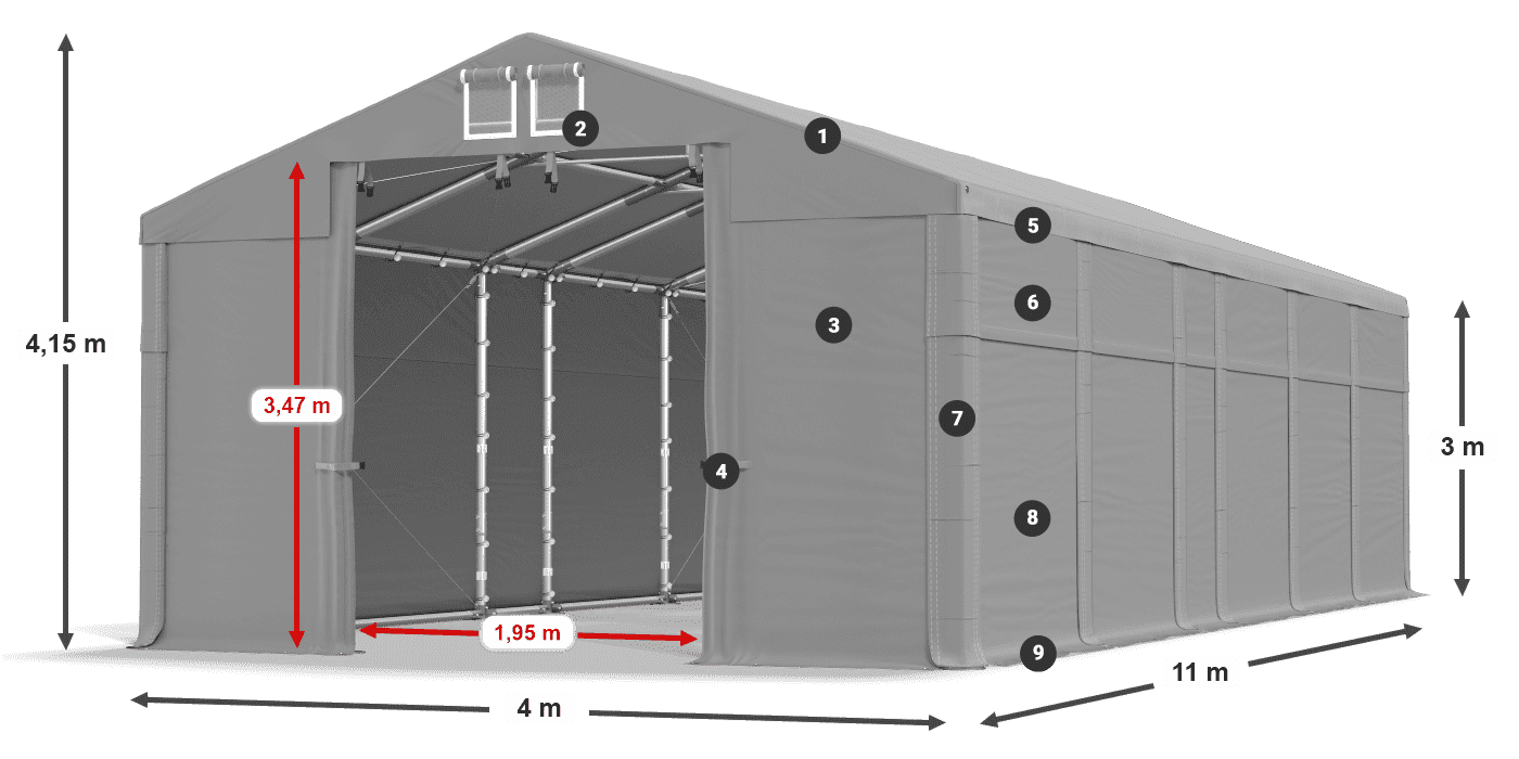Střecha: MS 580 PVC Stěny: FR 620 PVC  3m legenda