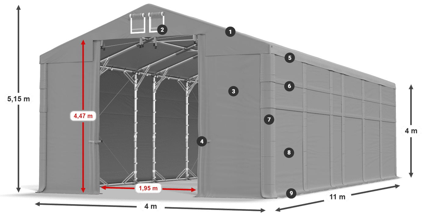Střecha: MS 580 PVC Stěny: SD 500 PVC 4m legenda