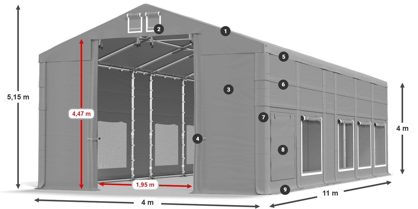 Střecha: MS 580 PVC Stěny: SD M 500 PVC 4m legenda