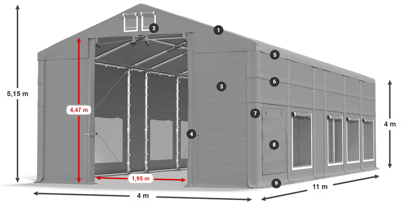 Střecha: MS 580 PVC Stěny: SD M 500 PVC 4m legenda
