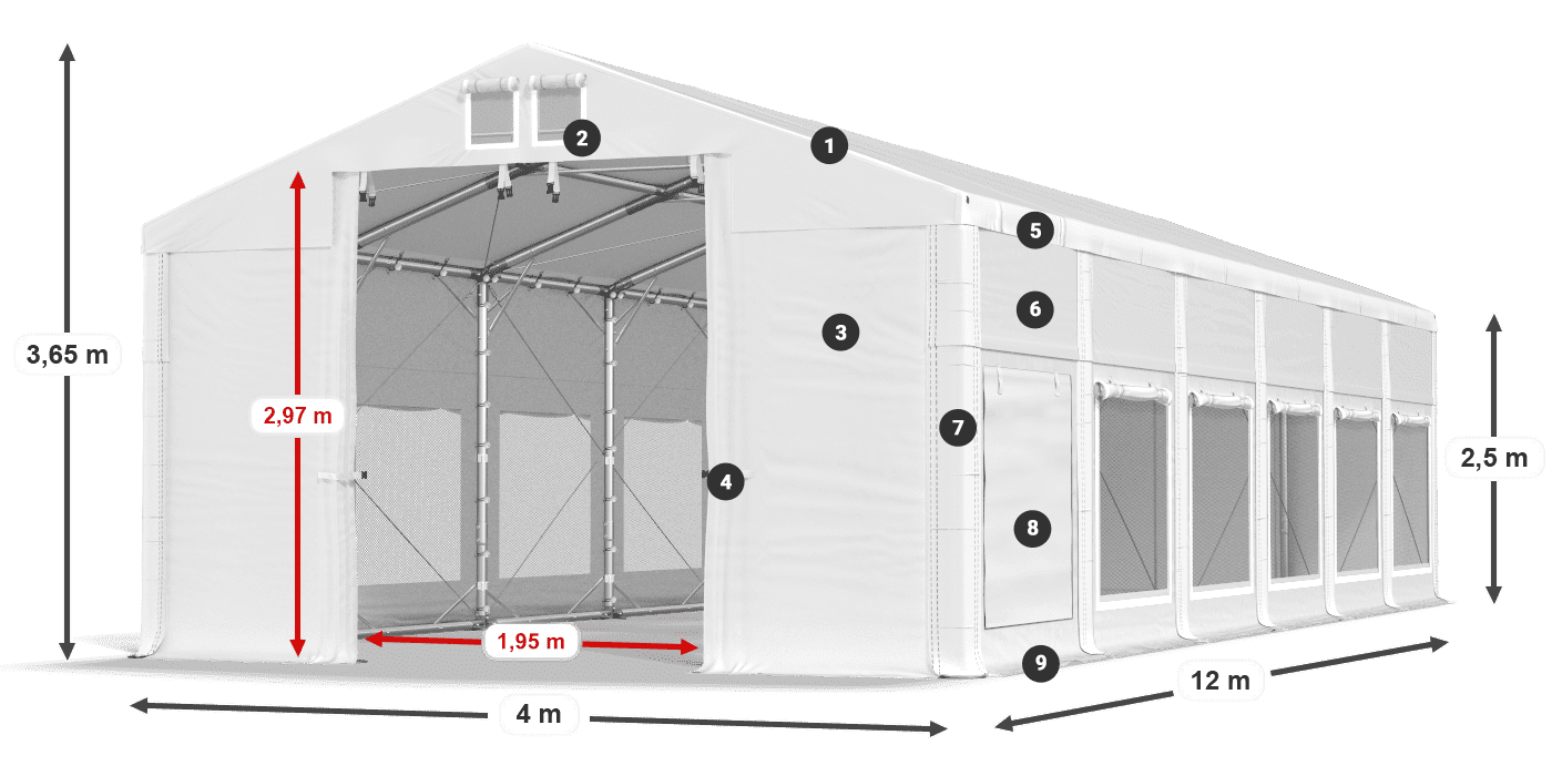 Střecha: FR 620 PVC Stěny: SD 500 PVC 2,5 m legenda