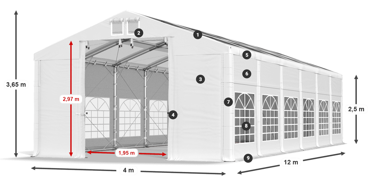 Střecha: MS T 580 PVC Stěny: FR 620 PVC 2,5 m legenda