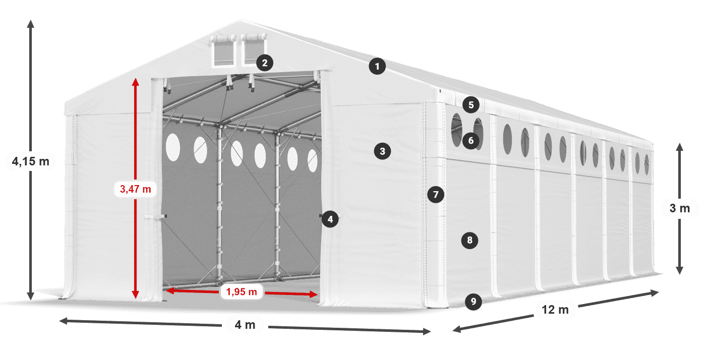 Střecha: FR 620 PVC Stěny: MS O 580 PVC 3m legenda