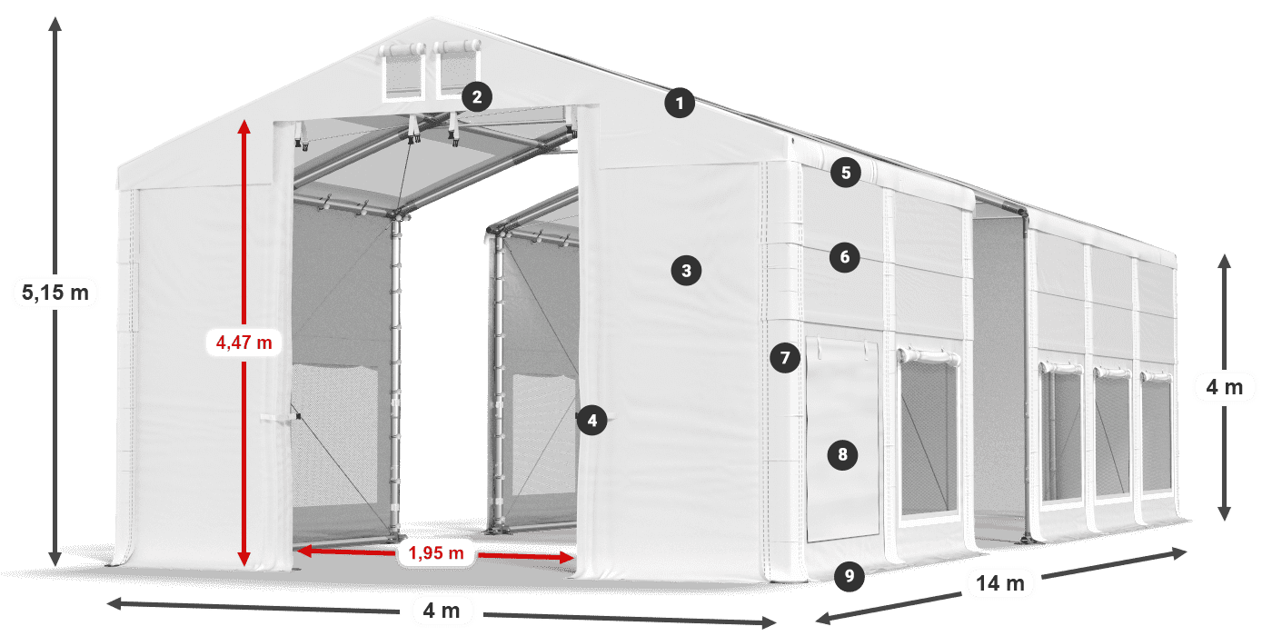 Střecha: MS T 580 PVC Stěny: SD M 500 PVC 4m legenda