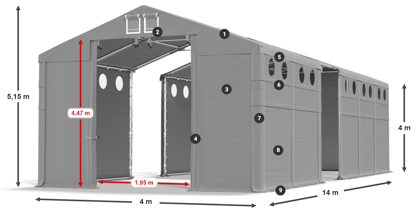 Střecha: SD 560 PVC Stěny: FR O 620 PVC legenda 4m