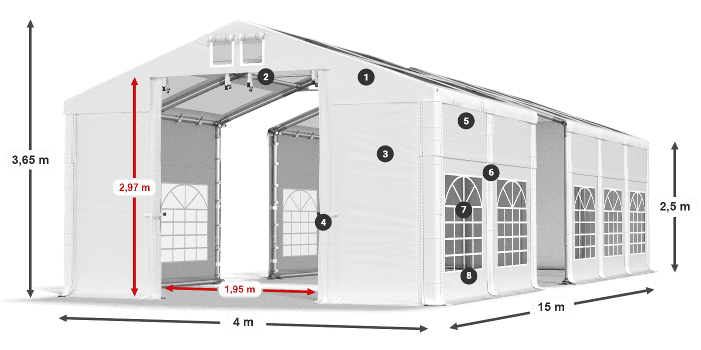 Střecha: MS T 580 PVC Stěny: FR 620 PVC 2,5 m legenda