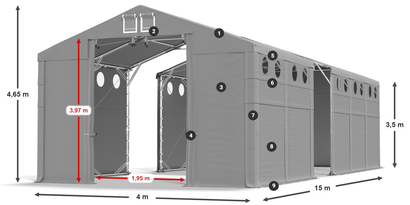 Střecha: MS 580 PVC Stěny: FR O 620 PVC 3,5m legenda