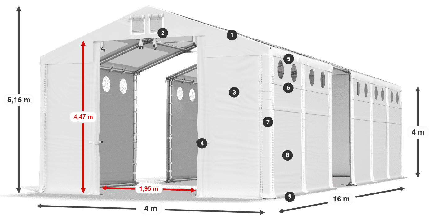 Střecha: MS T 580 PVC Stěny: FR O 620 PVC 4m legenda