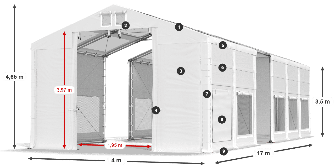Střecha: MS T 580 PVC Stěny: SD M 500 PVC 2,5 m legenda