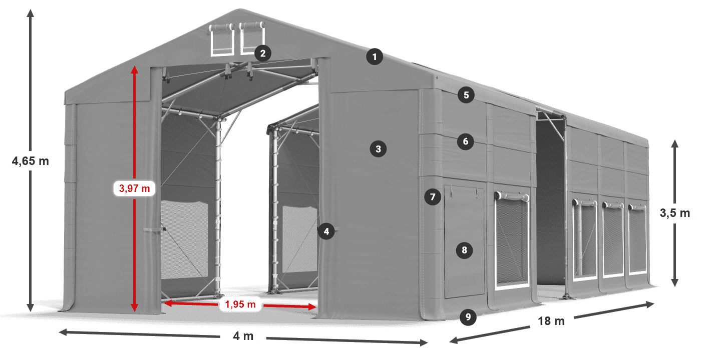 Střecha: MS 580 PVC Stěny: SD M 500 PVC 3,5m legenda