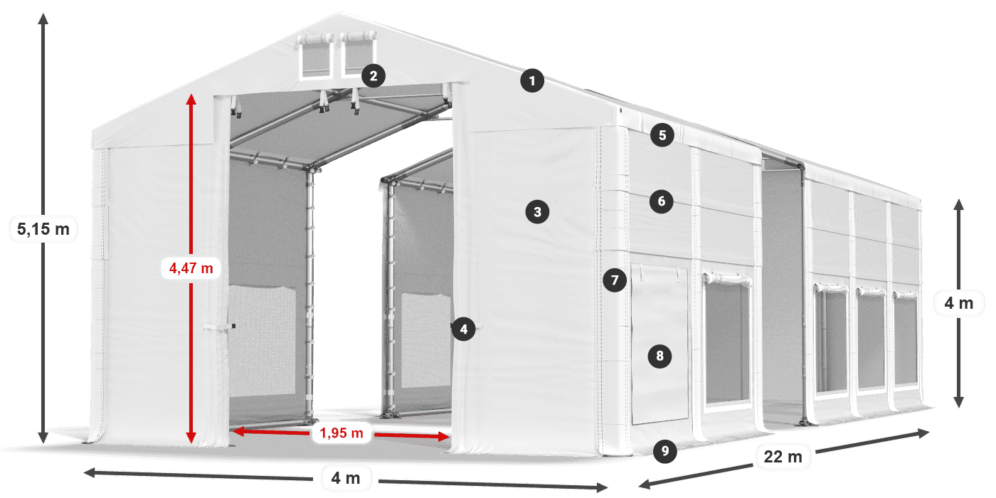 Střecha: MS 580 PVC Stěny: SD M 500 PVC 4m legenda