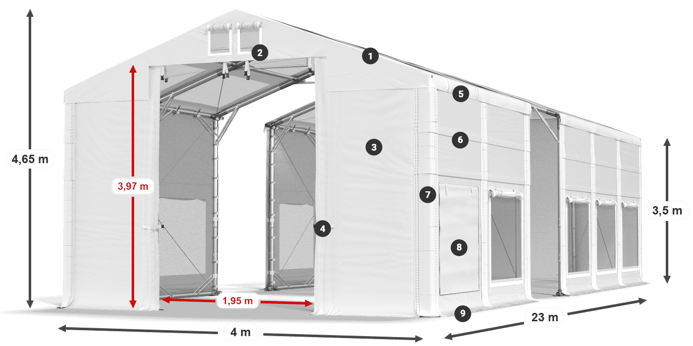 Střecha: MS T 580 PVC Stěny: SD M 500 PVC 2,5 m legenda