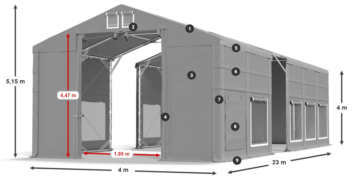 Střecha: FR 620 PVC Stěny: SD 500 PVC 4m legenda