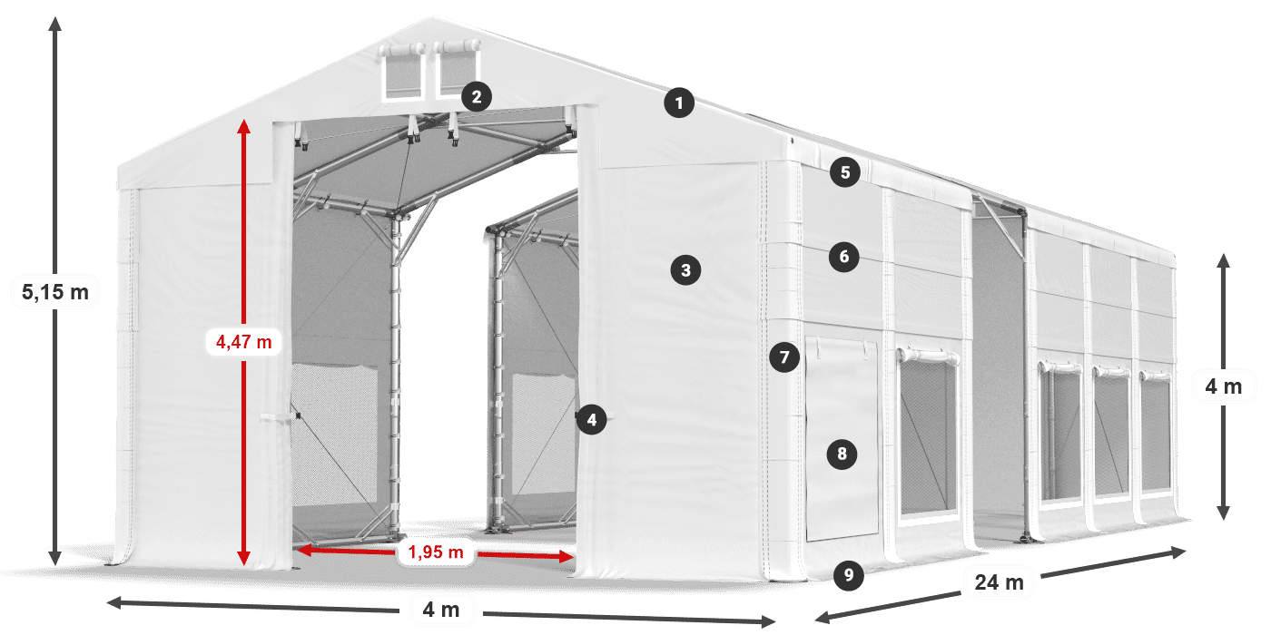 Střecha: FR 620 PVC Stěny: SD 500 PVC 4m legenda