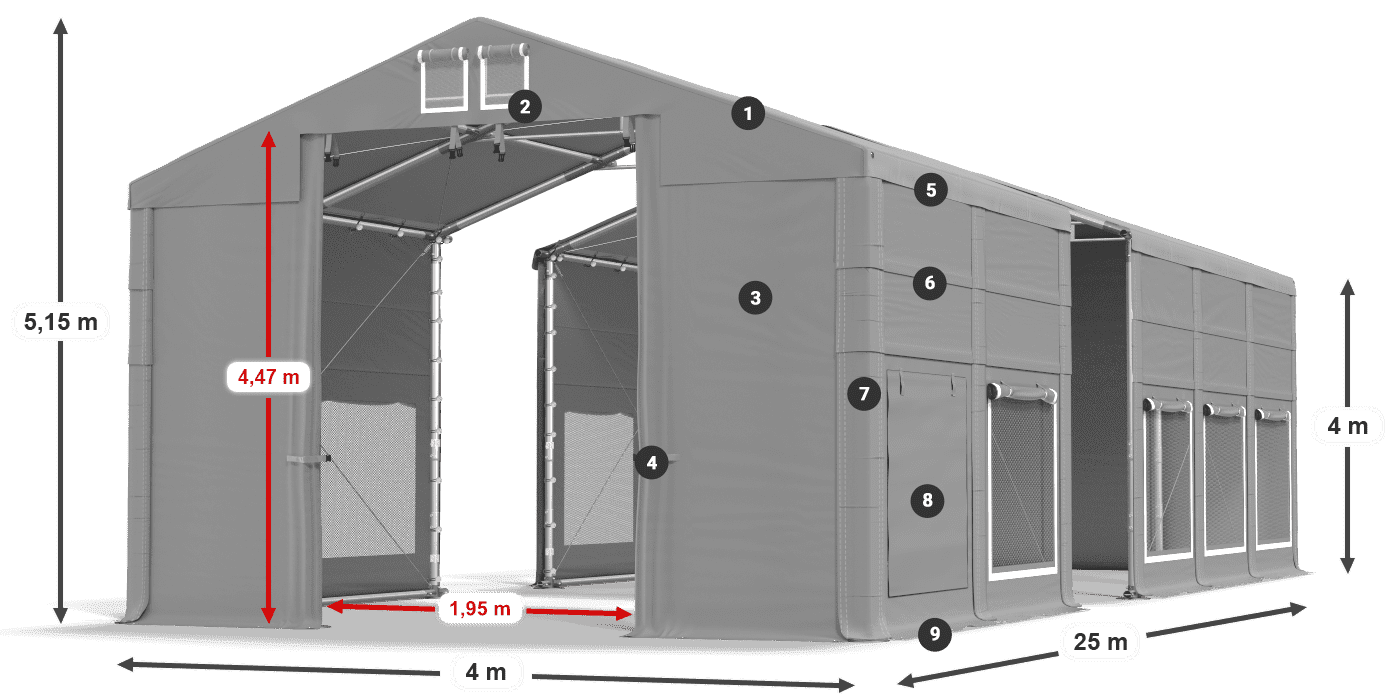 Střecha: FR 620 PVC Stěny: SD 500 PVC 4m legenda