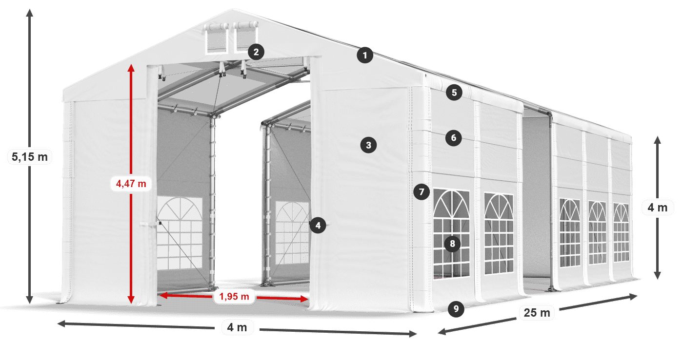 Střecha: MS T 580 PVC Stěny: SD 500 I PVC 4m legenda