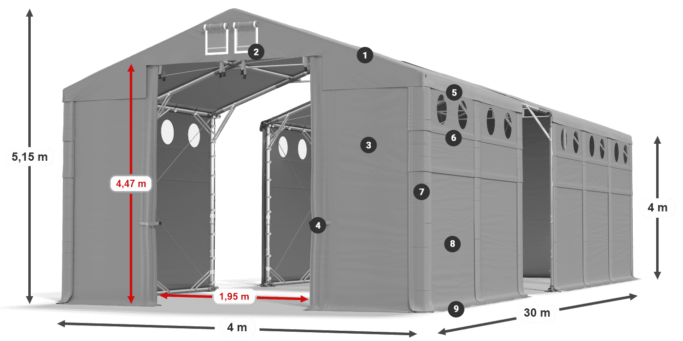 Střecha: MS 580 PVC Stěny: FR O 620 PVC 4m legenda