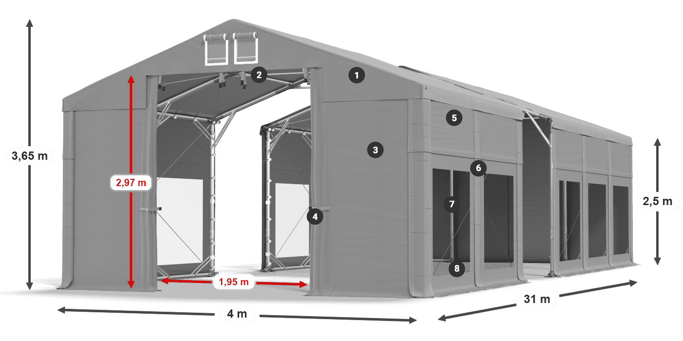 Střecha: FR 620 PVC Stěny: MS 580 PVC 2,5 m legenda