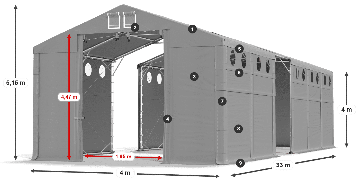 Střecha: FR 620 PVC Stěny: MS O 580 PVC 4m legenda