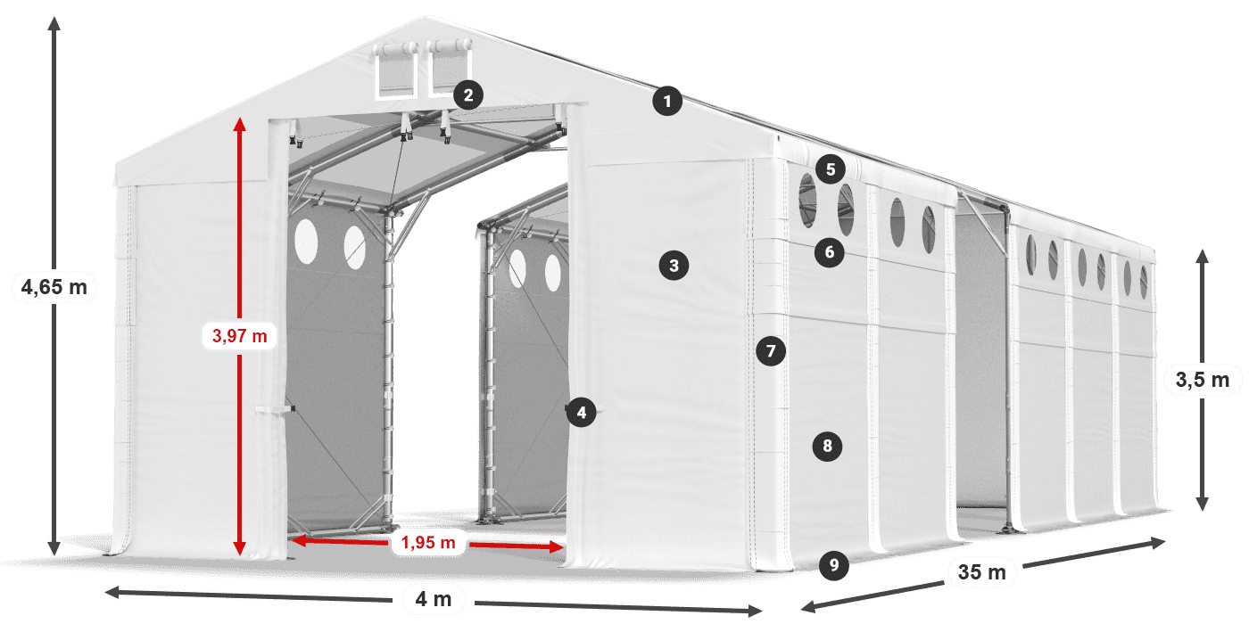 Střecha: MS T 580 PVC Stěny: FR O 620 PVC 3,5m legenda