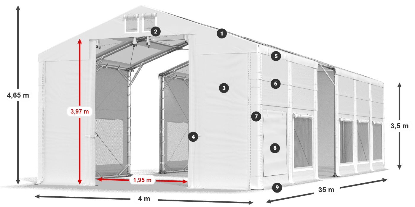 Střecha: MS T 580 PVC Stěny: SD M 500 PVC 2,5 m legenda