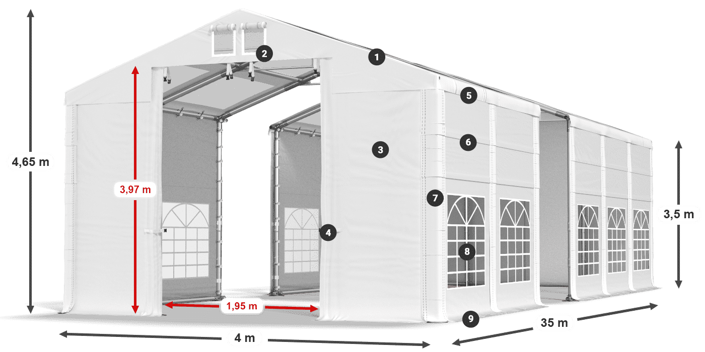 Střecha: MS T 580 PVC Stěny: SD 500 I PVC 3,5m legenda