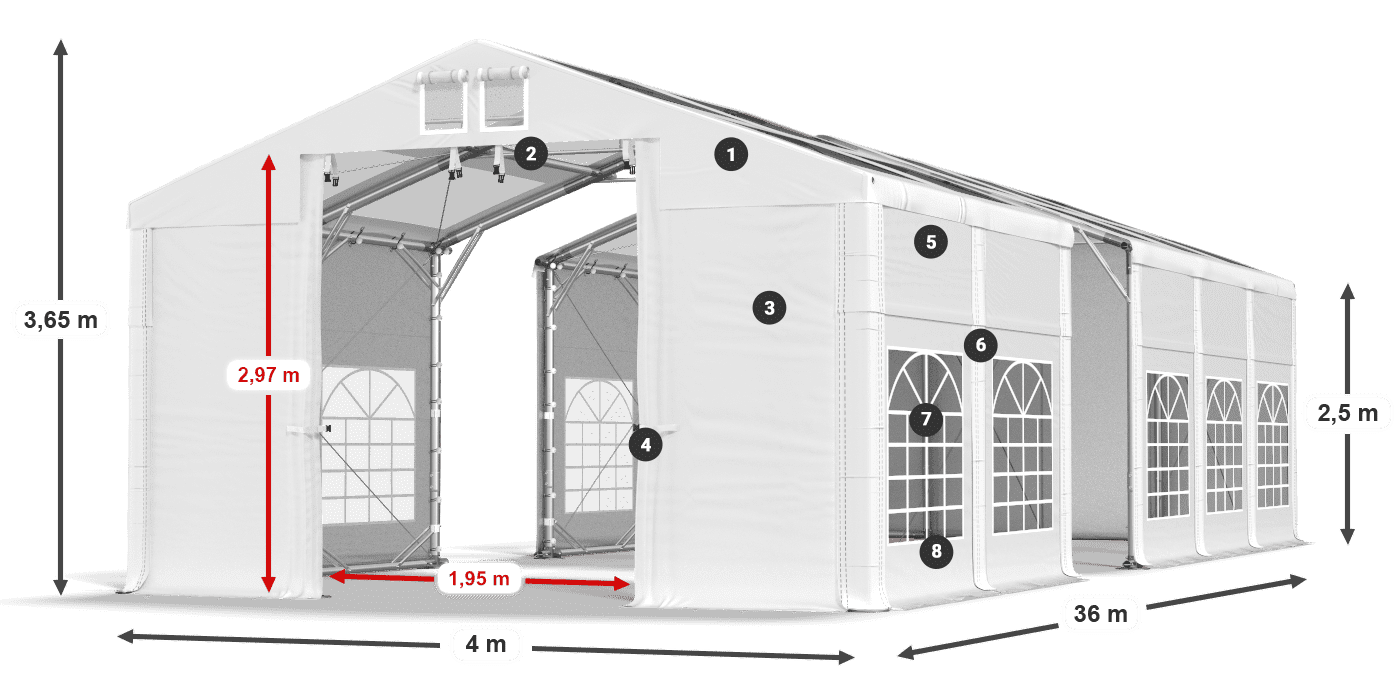 Střecha: MS T 580 PVC Stěny: FR 620 PVC 2,5 m legenda