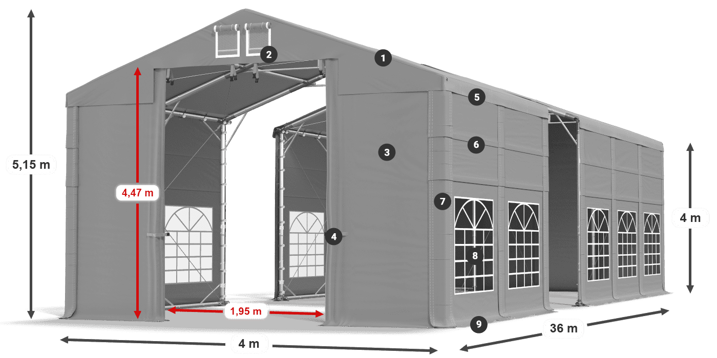 Střecha: FR 620 PVC Stěny: SD 500 PVC 4m legenda