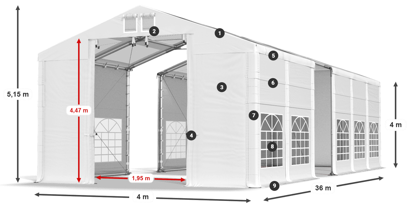 Střecha: MS T 580 PVC Stěny: FR 620 PVC 4m legenda