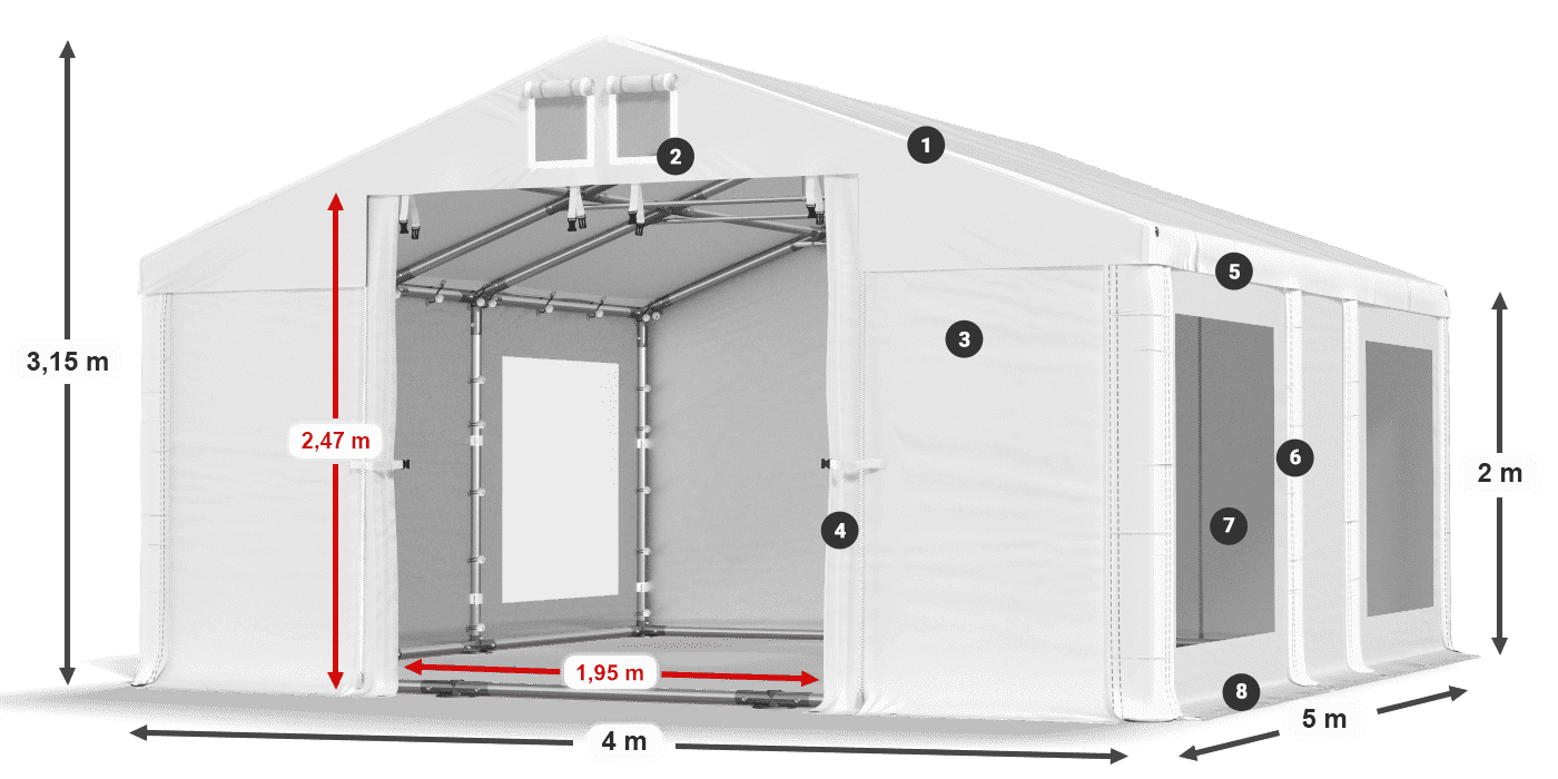 Střecha: FR 620 PVC Stěny: MS 580 PVC 2m legenda