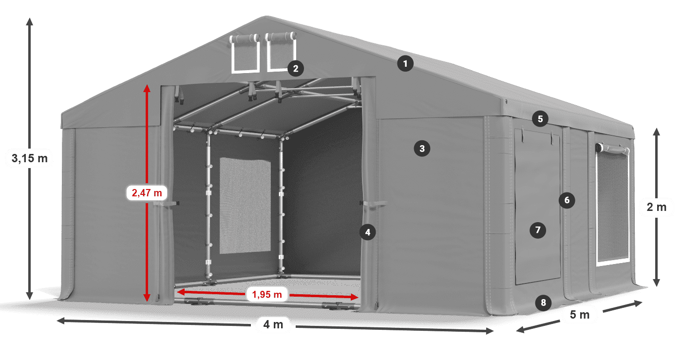 Střecha: FR 620 PVC Stěny: SD 500 PVC 2m legenda