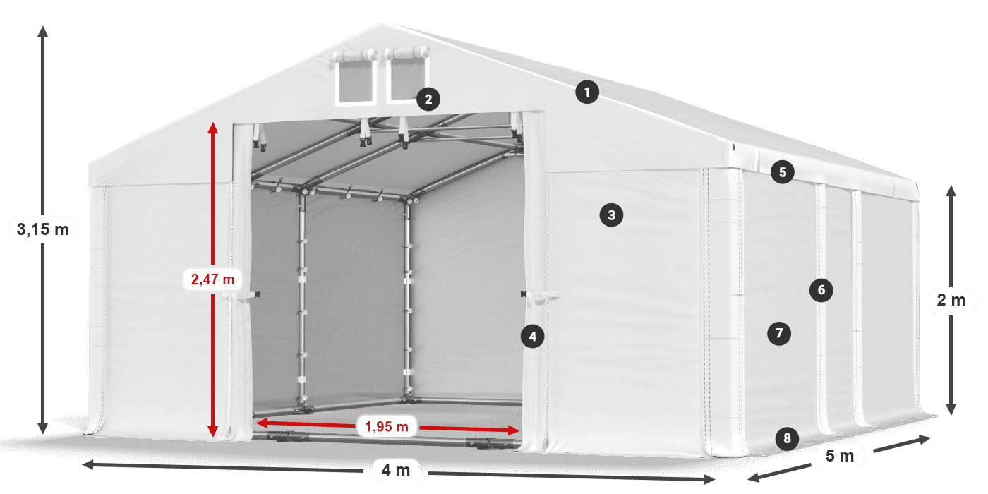 Střecha: MS 580 PVC Stěny: FR M 620 PVC 2m legenda