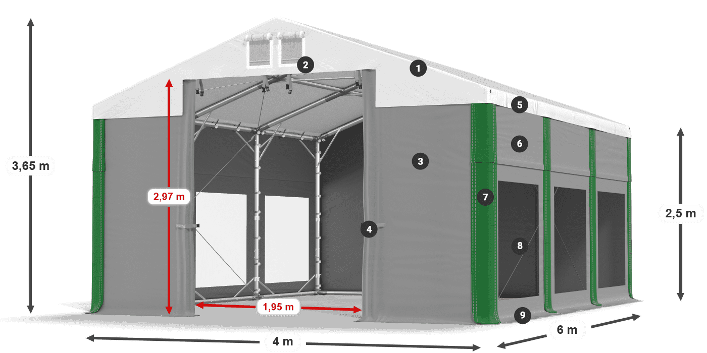 Střecha: FR 620 PVC Stěny: MS 580 PVC 2,5 m legenda