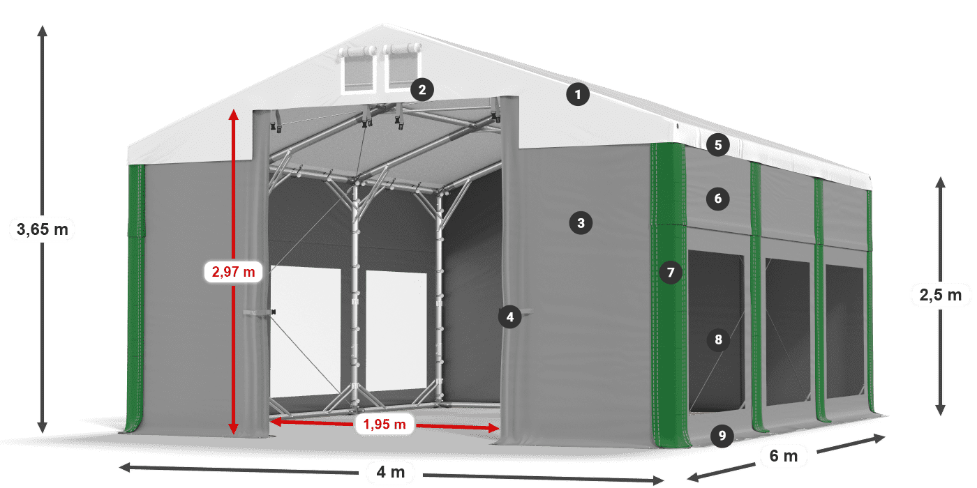 Střecha: FR 620 PVC Stěny: MS 580 PVC 2,5 m legenda