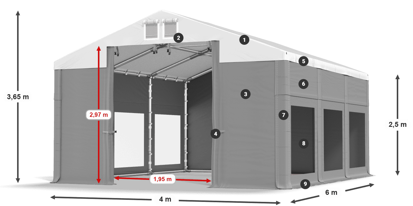 Střecha: FR 620 PVC Stěny: MS 580 PVC 2,5 m legenda