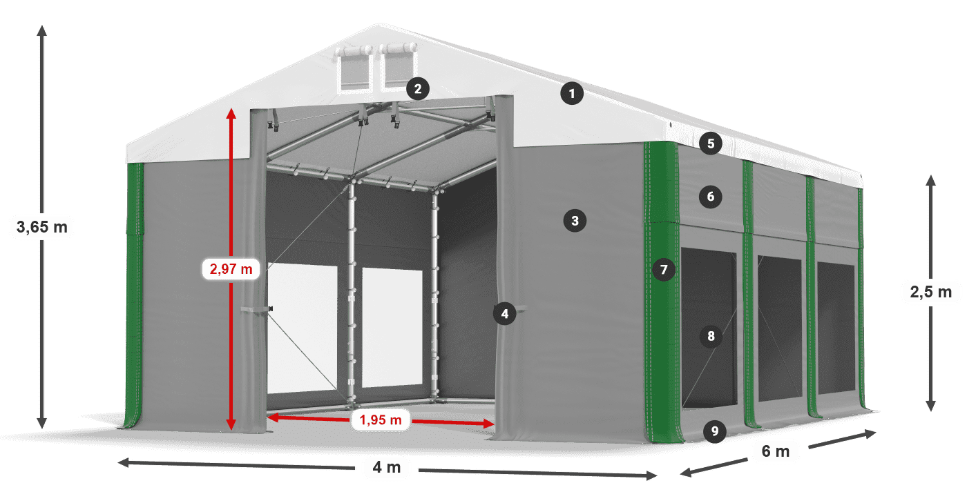 Střecha: FR 620 PVC Stěny: MS 580 PVC 2,5 m legenda