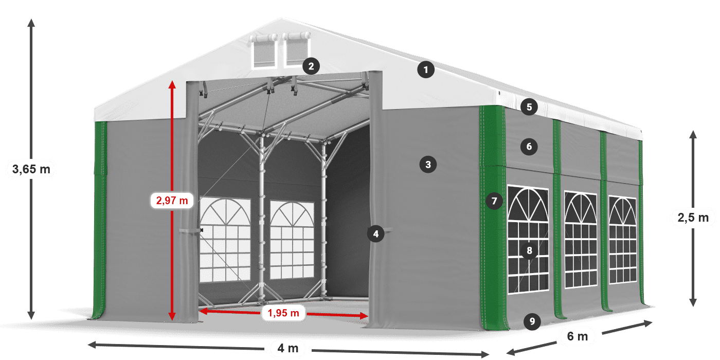 Střecha: FR 620 PVC Stěny: SD 500 PVC 2,5 m legenda