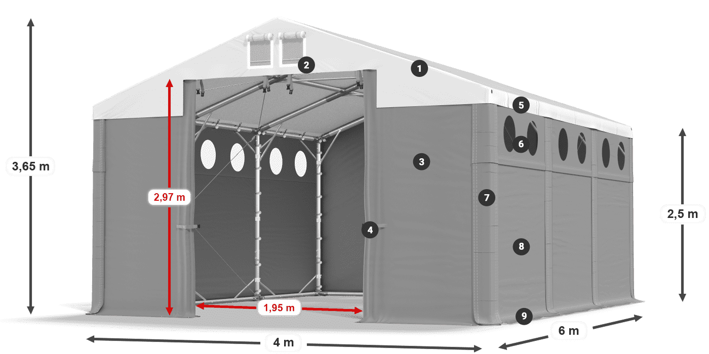 Střecha: MS 580 PVC Stěny: FR O 620 PVC 2,5 m legenda