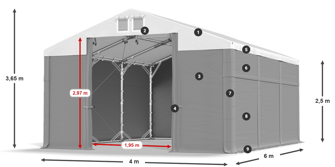 Střecha: MS 580 PVC Stěny: FR 620 PVC 2,5 m legenda
