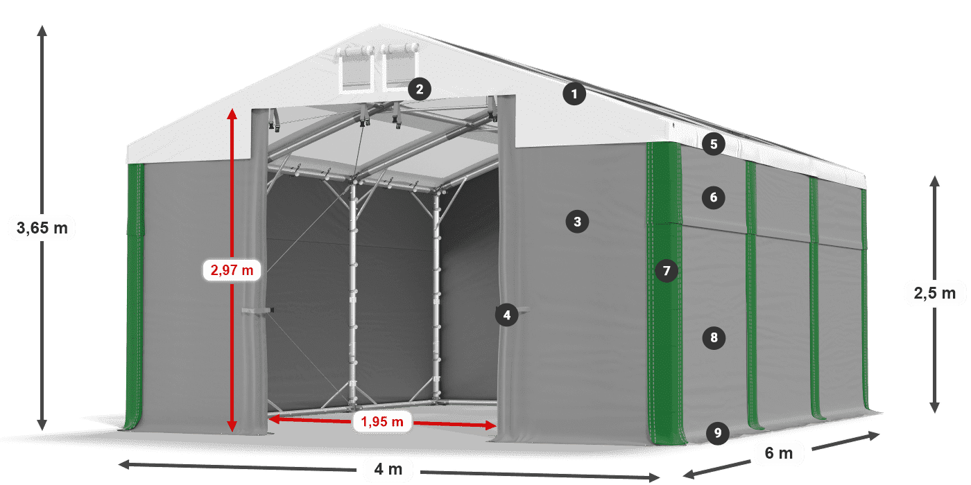 Střecha: MS T 580 PVC Stěny: SD 500 PVC 2,5 m legenda