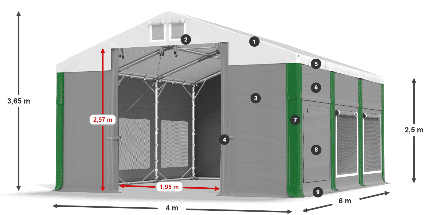 Střecha: MS 580 PVC Stěny: SD M 500 PVC 2,5 m legenda