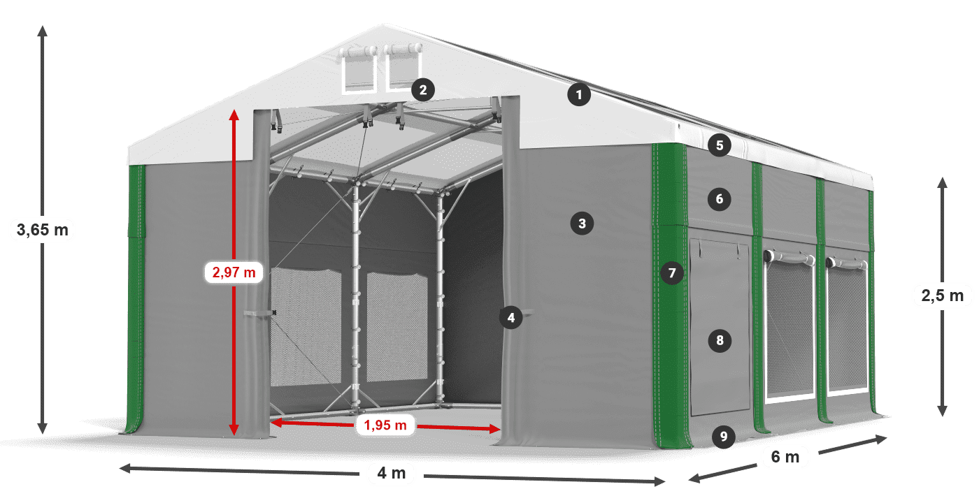 Střecha: MS T 580 PVC Stěny: SD M 500 PVC 2,5 m legenda
