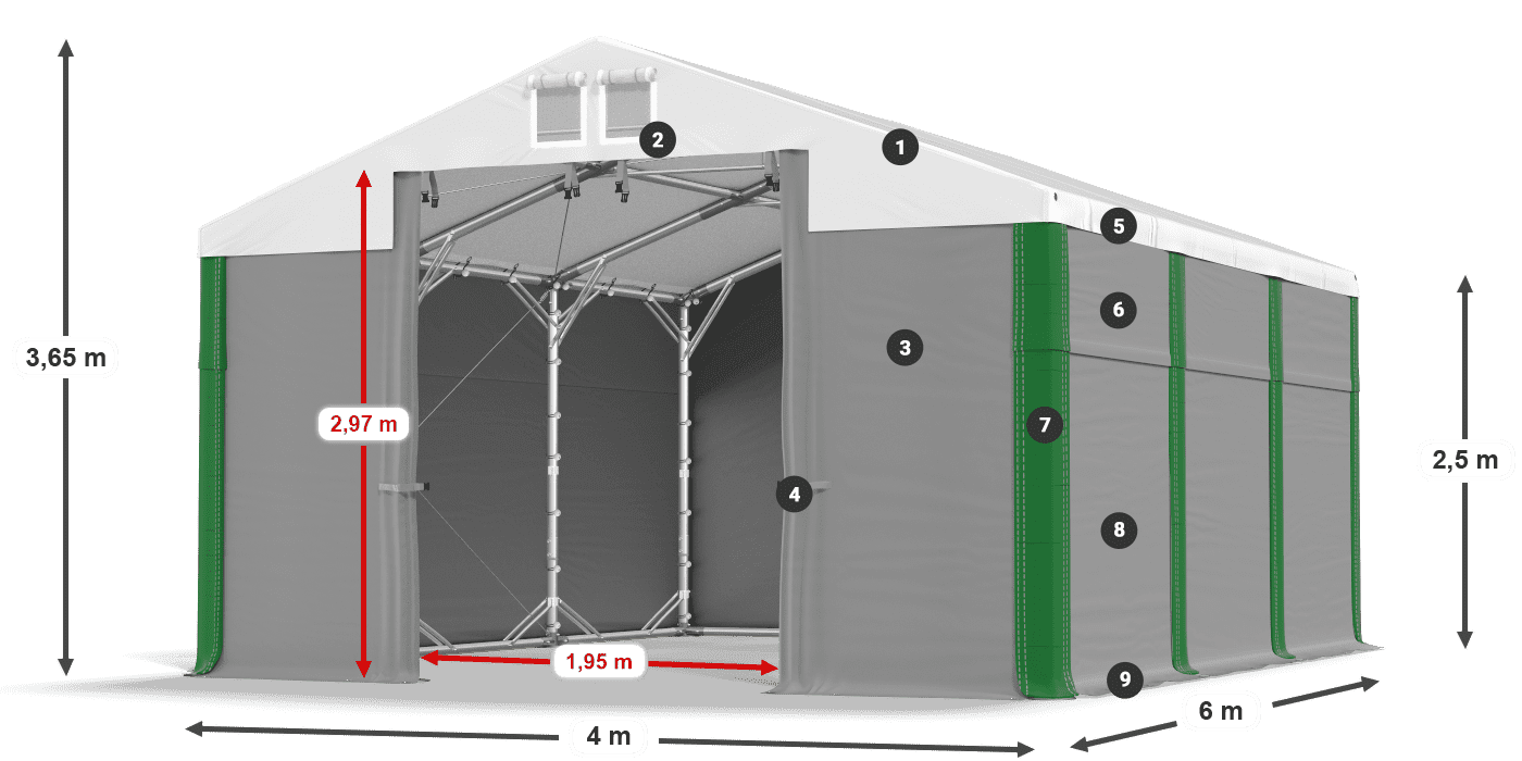 Střecha: MS 580 PVC Stěny: SD 500 PVC 2,5 m legenda