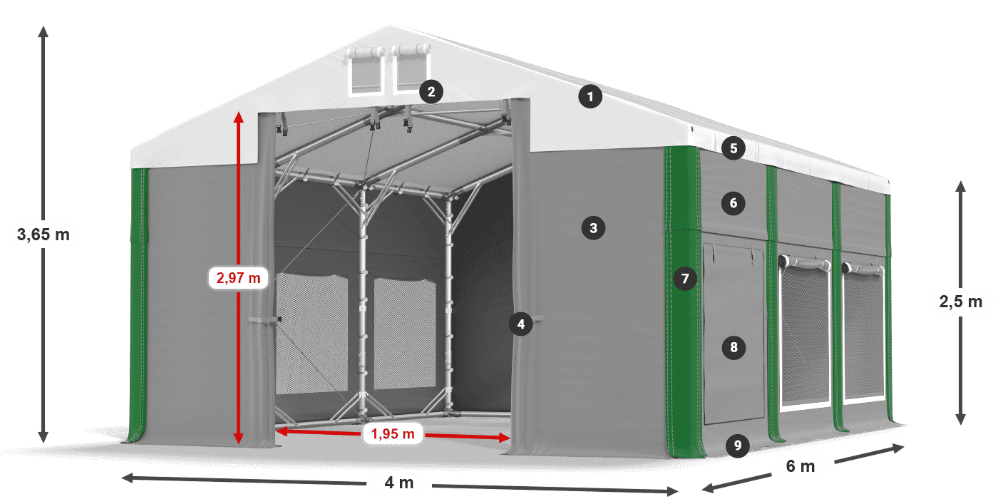 Střecha: MS 580 PVC Stěny: SD M 500 PVC 2,5 m legenda