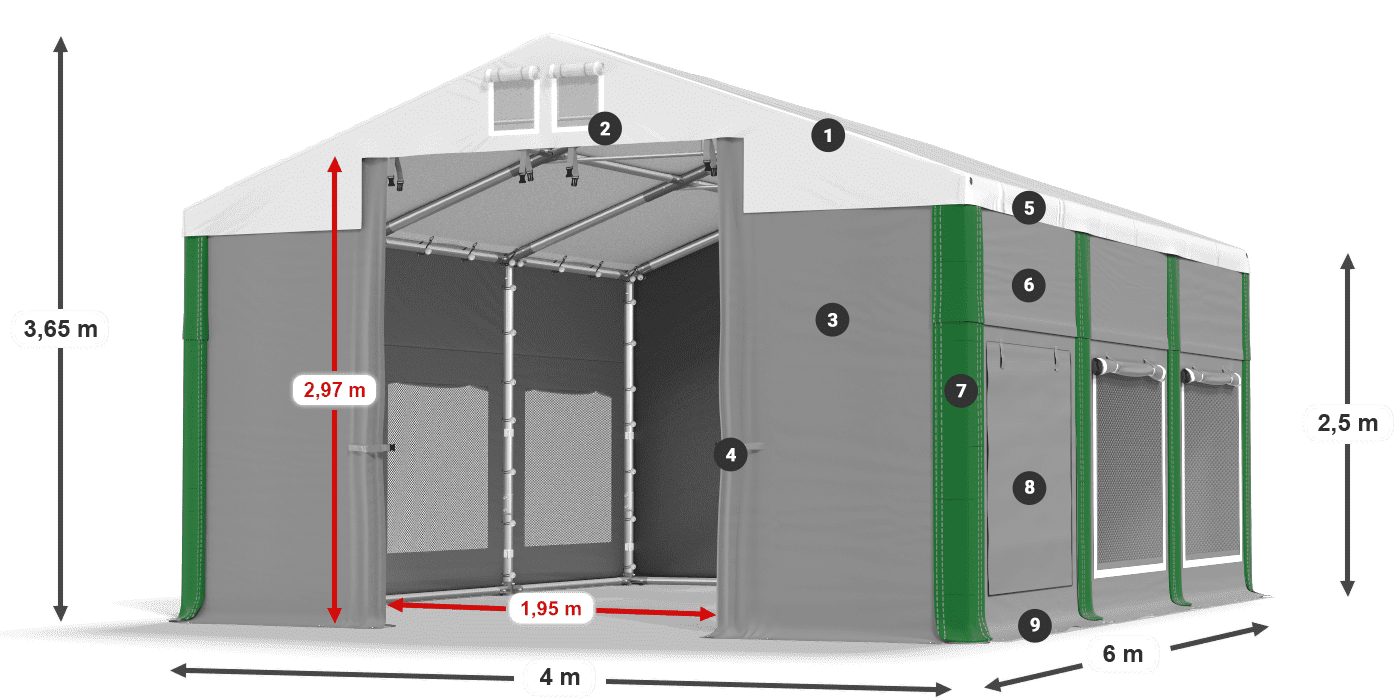 Střecha: MS 580 PVC Stěny: SD M 500 PVC 2,5 m legenda