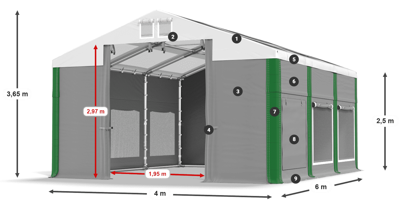 Střecha: MS T 580 PVC Stěny: SD M 500 PVC 2,5 m legenda
